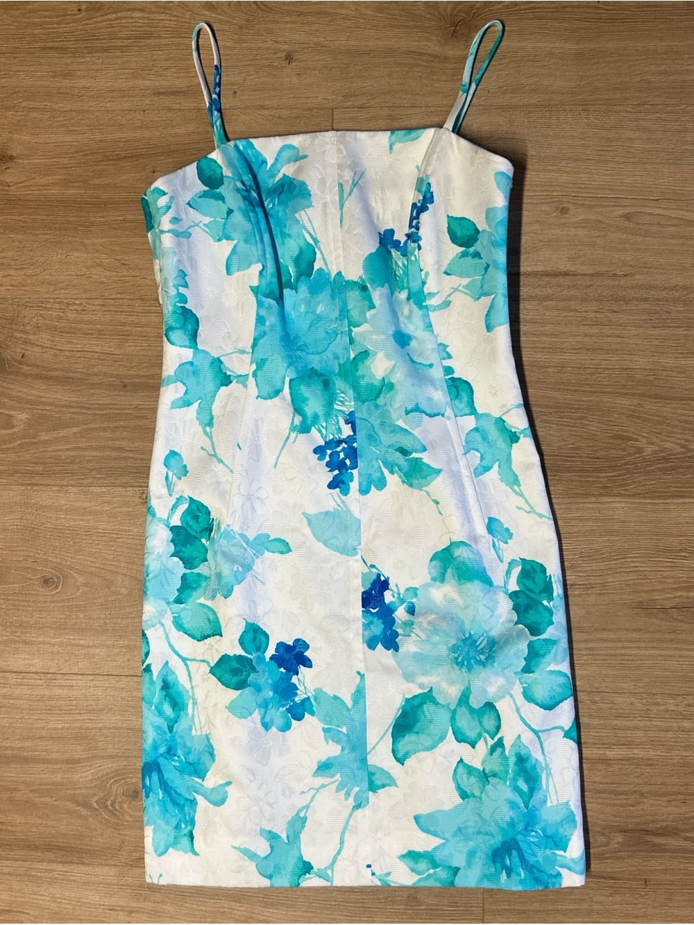 Carlisle Floral Print Spaghetti-Strap Sheath Dress in Aqua Blue